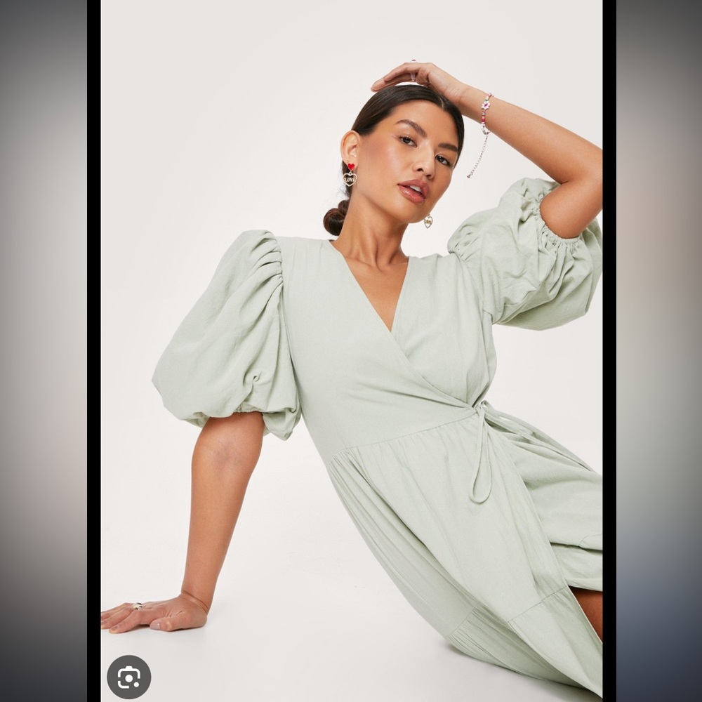 Sage Puff Sleeve Wrap Midi Dress